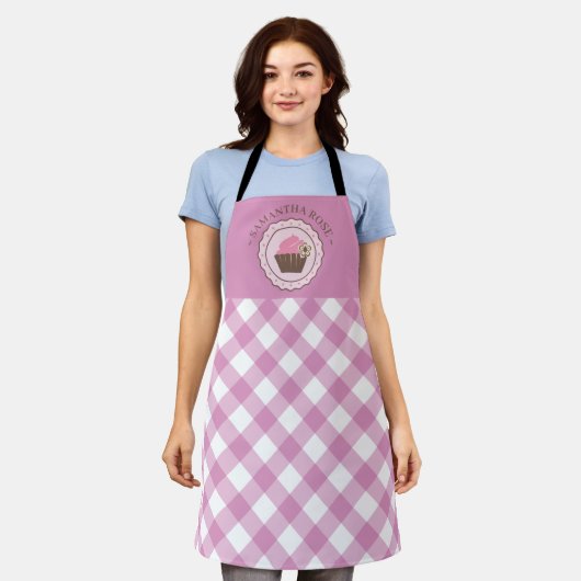 Cupcake Roze en Wit Plaid Custom Name Schort (Gedragen)