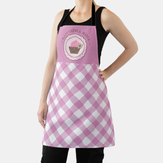 Cupcake Roze en Wit Plaid Custom Name Schort (Insitu)