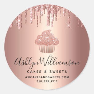 Cupcake Roze Goud Drips Script Banketbakker Bakker Ronde Sticker