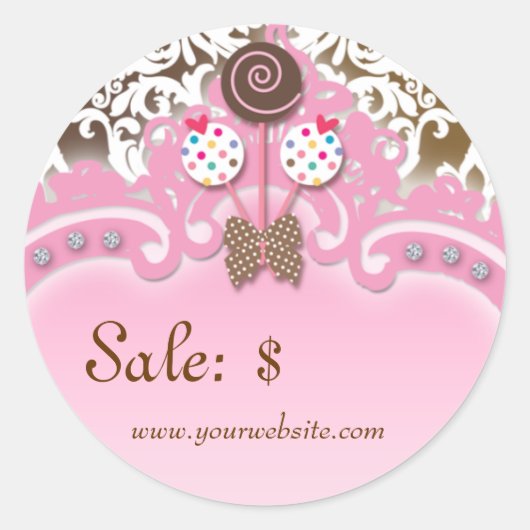 Cupcake Sticker Prijs Label Kroon Damast Roze (Voorkant)