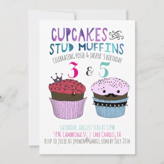 Cupcake & Stud Muffin gezamenlijke feestuitnodigin Kaart (Voorkant)
