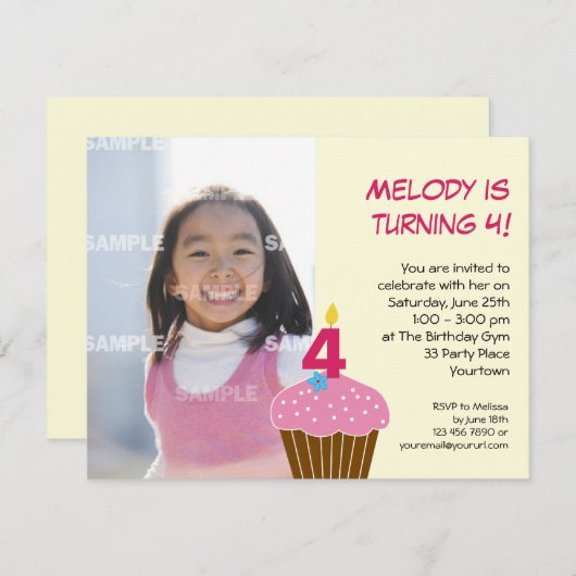 Cupcake sucré 4 Anniversaire Invitation (Devant / Derrière)