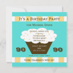 Cupcake sur Aqua 90th Birthday Party Invitation<br><div class="desc">Cette grande invitation à la fête du 90e anniversaire présente un cupcake sur un arrière - plan d'aqua aux accents orange et blanc.  Tous vos détails d'invitation sont sur le cupcake pour une amusante invitation de 90e anniversaire.  Copyright henishouseofpaper</div>