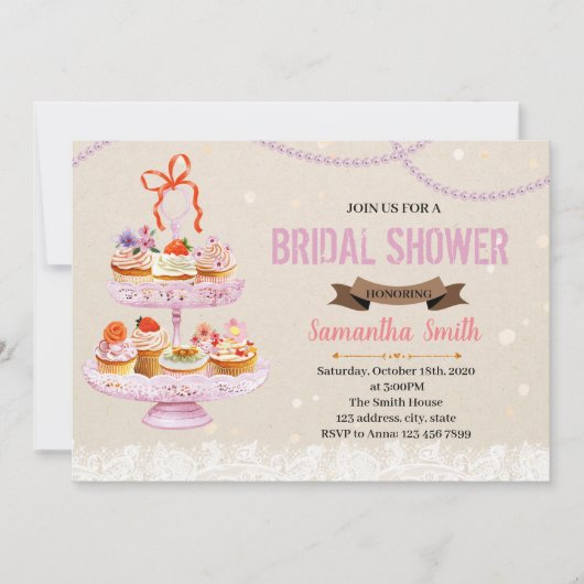 Cupcake sur stand invitation de douche nuptiale (Devant)