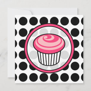 Cupcake Uitnodiging - Polka Dot / Roze & Zwart