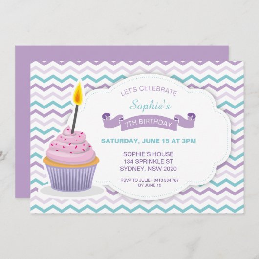 Cupcake verjaardagsuitnodiging - V1 Kaart (Voorkant / Achterkant)