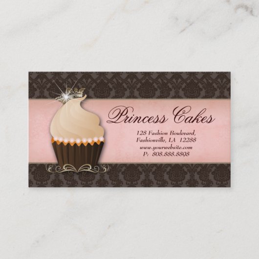 Cupcake Visitekaartje Crown Pink Brown Damask (Voorkant)
