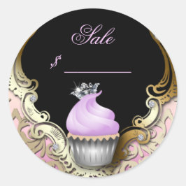 Cupcake Visitekaartje Elegant Damask Paarse Zwart Ronde Sticker