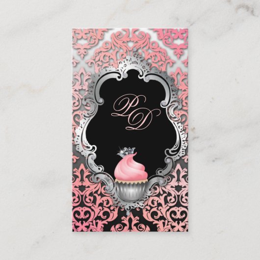 Cupcake Visitekaartje Elegant Damask Peach Roze (Voorkant)