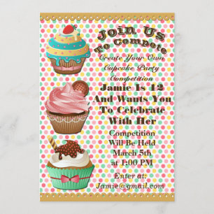Cupcake Wars Bak Off Verjaardag Polka Dot Uitnodig Kaart