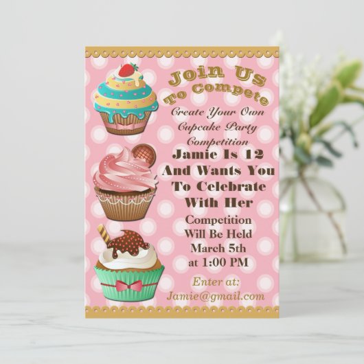 Cupcake Wars Bak Off Verjaardag Roze Polka Uitnodi Kaart (Staand voorkant)