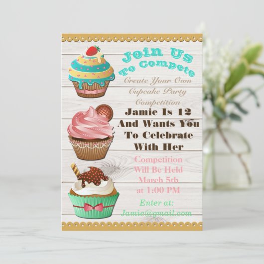 Cupcake Wars Bak Off Verjaardag Witte Houten Uitno Kaart (Staand voorkant)