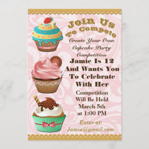 Cupcake Wars Bake of Birthday Pink Swirl Invite Kaart