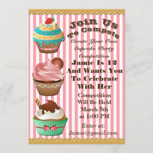 Cupcake Wars Bake of Birthday Roze Striped Invite Kaart