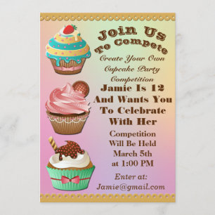 Cupcake Wars Bake off Birthday Aurora Multi Invite Kaart
