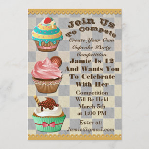Cupcake Wars Bake off Birthday Checkered Invite Kaart