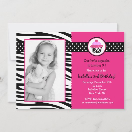 Cupcake Zebra Imprimer Photo Invitations Anniversa (Devant)