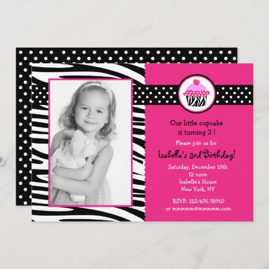 Cupcake Zebra Imprimer Photo Invitations Anniversa (Devant / Derrière)