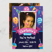 Cupcakes ballonnen Paarse verjaardagsuitnodiging Kaart (Voorkant / Achterkant)