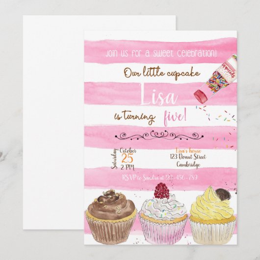Cupcakes Birthday Invitation, Cupcakes Invitation Kaart (Voorkant / Achterkant)