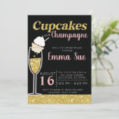 Cupcakes & Champagne Black & Gold Vrijgezellenfees Kaart (Staand voorkant)