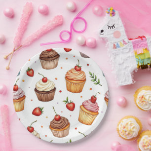 Cupcakes en aardbeien papieren bordje