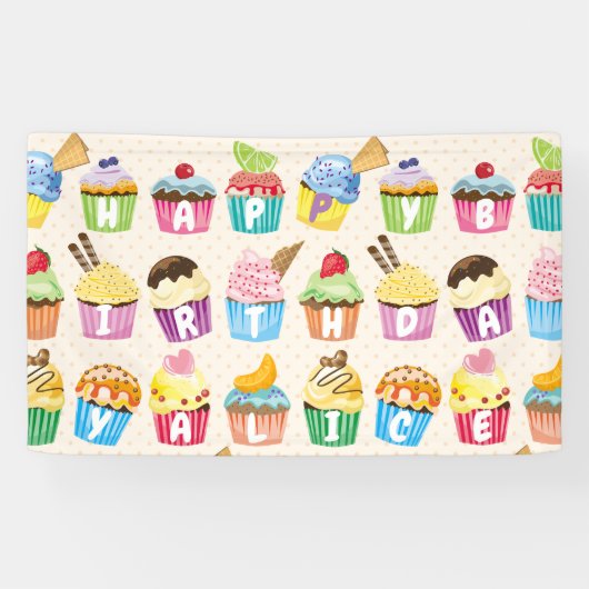 Cupcakes Happy Birthday Voeg Jouw naam Cute Goodie Spandoek (Horizontaal)