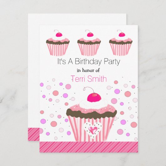 Cupcakes rose Invitation d'anniversaire (Devant / Derrière)
