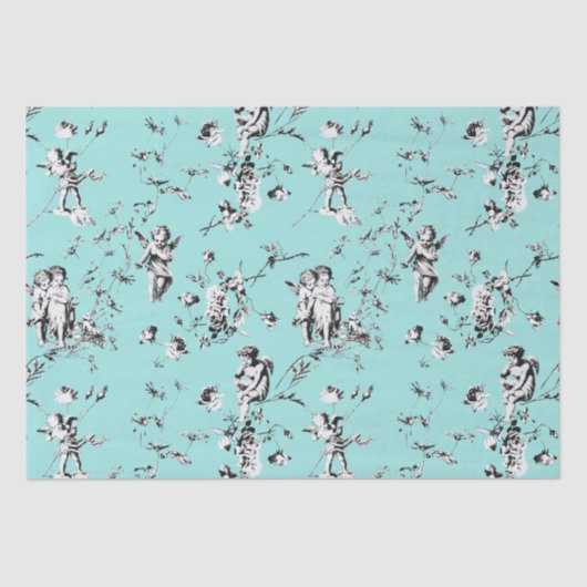  Cupid Angels Floral Black White Toile Blue Tissuepapier (Voorkant)
