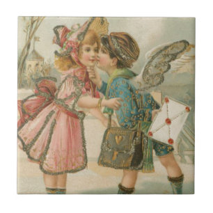Cupid Boy and Girl in Pink Valentijn Tegeltje