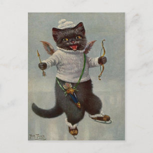Cupid Cat Skating  begin Briefkaart 1900