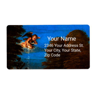 Cupid in Blue Sky Pours a Cascade of White Flowers Etiket