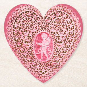 CUPID KANTEN HART IN ROZE RODE BLOEMEN Valentijnsd Kartonnen Onderzetters