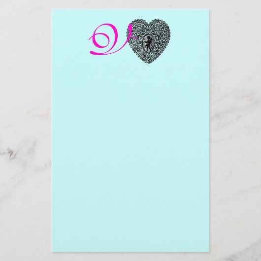 CUPID LACE HEART MONOGRAM, roze fuchsia blue Briefpapier (Voorkant)