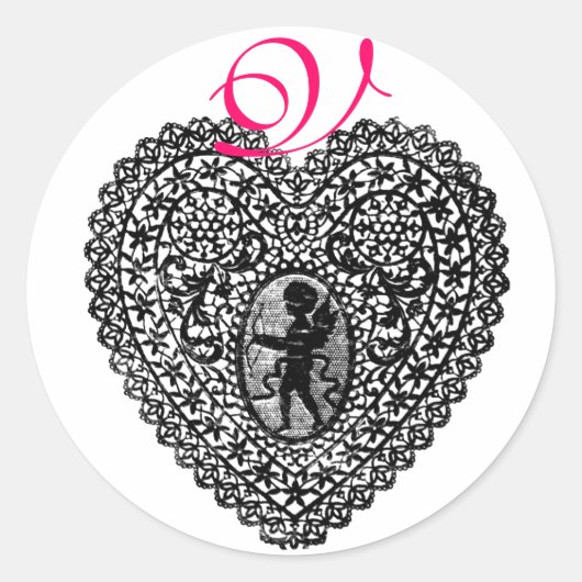 CUPID LACE HEART MONOGRAM, roze Ronde Sticker (Voorkant)