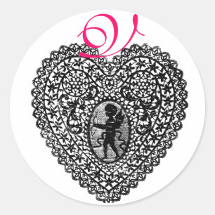 CUPID LACE HEART MONOGRAM, roze Ronde Sticker