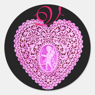 CUPID LACE HEART MONOGRAM, roze Ronde Sticker