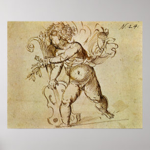 Cupid met een Violin door Domenico Campagnola Poster