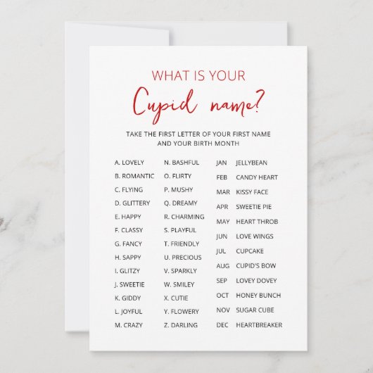 Cupid Name Game Valentijnsdag Party game Kaart (Voorkant)