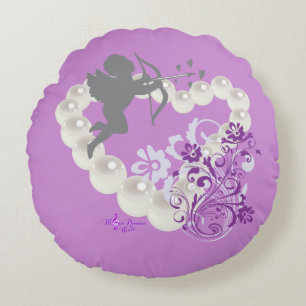 Cupid Pearls Floral Heart Paarse Round Pillow Rond Kussen