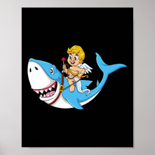 Cupid Riding Shark Valentijnsdag Fun Boys Meisjes  Poster