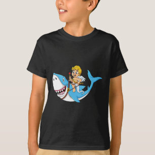 Cupid Riding Shark Valentijnsdag Fun Boys Meisjes T-shirt