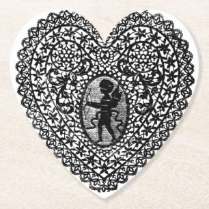 CUPIDO KANTEN HART ZWART WIT FLORAL Valentijnsdag Kartonnen Onderzetters