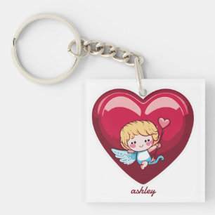 Cupido op Rood Hart met Roze Pijlhoofd Sleutelhanger