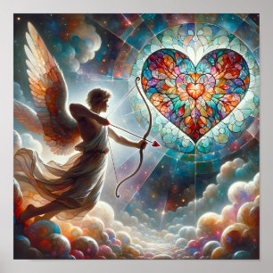 Cupido schiet zijn pijl in een Glas in lood hart Poster