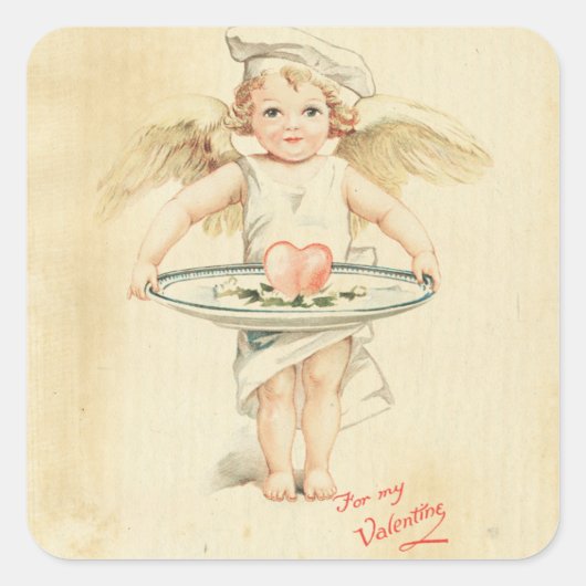 Cupido Valentijnsdag Engel Rood Hart Oud Vierkante Sticker (Voorkant)