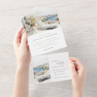Curfu Griekenland Waterverf Landschap Wedding All In One Uitnodiging