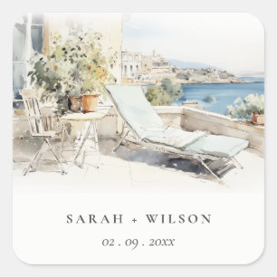 Curfu Griekenland Waterverf Landschap Wedding Vierkante Sticker