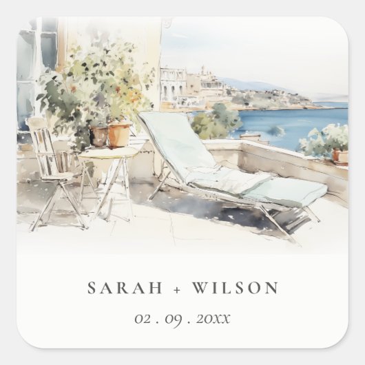 Curfu Griekenland Waterverf Landschap Wedding Vierkante Sticker (Voorkant)