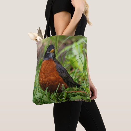 Curieuze Amerikaanse Robin Songbird in de gras Tote Bag (Dichtbij)